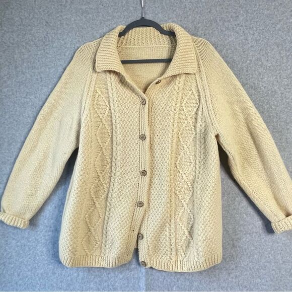 Womens Vintage Handknit Irish Knit Cardigan Sweater Wool Blend large #MM - Picture 1 of 8